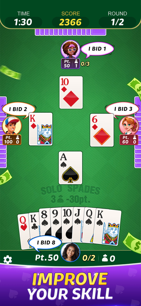 A mobile card game interface showing a Spades match with player avatars bidding and the text Improve Your Skill