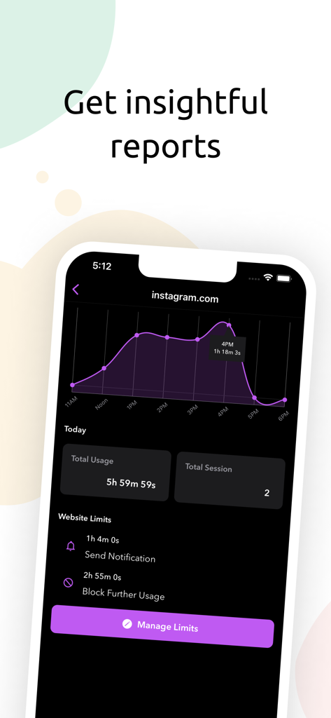 StayFree - Block Apps & Sites - Captura de pantalla de la aplicación StayFree mostrando informes detallados de uso de sitios web y límites de tiempo para Instagram