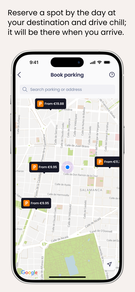 Telpark - Telpark app showing an interactive map with parking prices and locations in Madrid