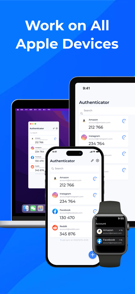 Interface de l'application d'authentification affichée sur un iPhone, un iPad, un Mac et une Apple Watch montrant les codes 2FA pour divers comptes.