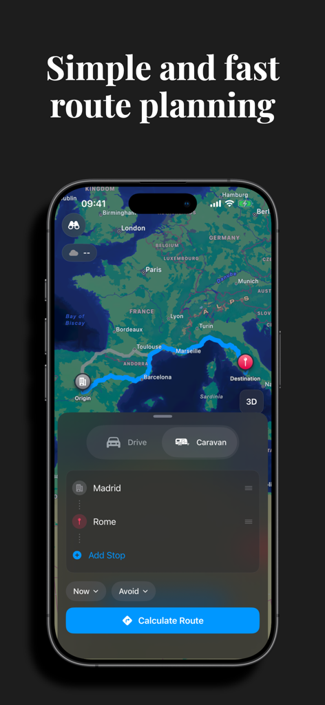 EuroTolls app showing a road trip route from Madrid to Rome on a map of Europe