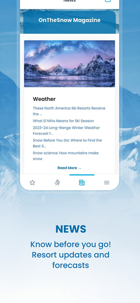 Feed de notícias do aplicativo OnTheSnow mostrando atualizações de resorts de esqui e previsões do tempo