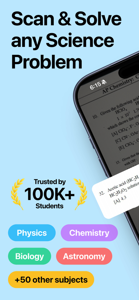 Science AI Homework Helper interface showing the scan and solve feature for physics chemistry biology and astronomy problems