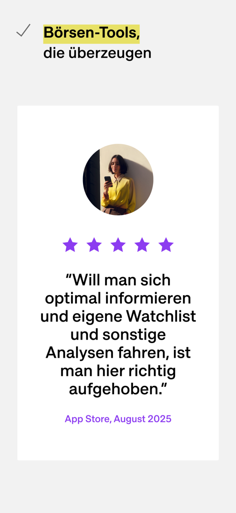 Un avis d'utilisateur cinq étoiles de l'App Store pour l'application onvista louant son analyse du marché boursier et ses outils de suivi.