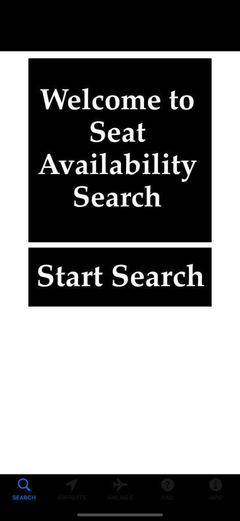 iFlyZED - The home screen of the iFlyZED app showing a welcome message and a start search button for airline seat availability