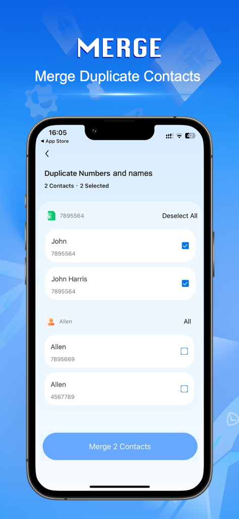 Smart Clean app interface for merging duplicate contacts on iPhone