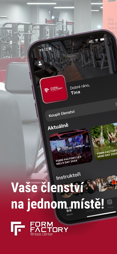 Moje Form Factory fitness app home screen showing membership management and instructor profiles