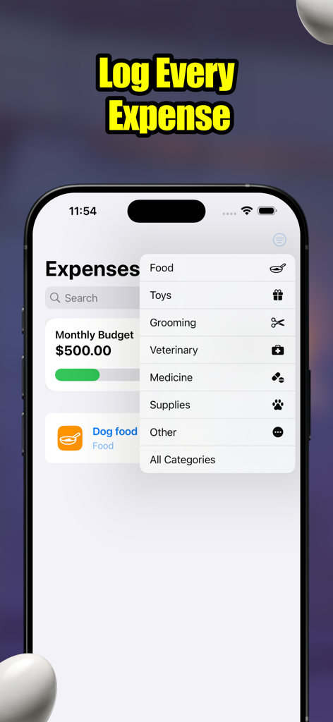 PetPlanr - PetPlanr app interface showing pet expense categories and monthly budget tracking for pet owners