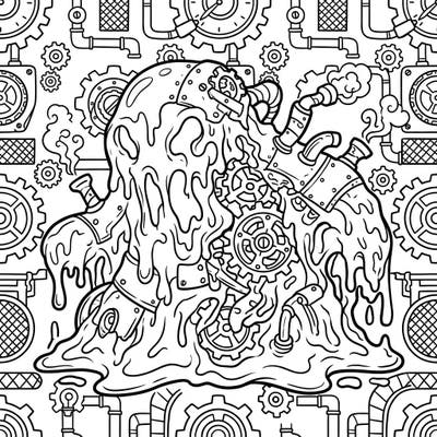 Prepare for an extraordinary coloring experience with our Steampunk Fire Slime template! This unique design blends molten goo with intricate gears and pipes, offering a fascinating world to bring to life.