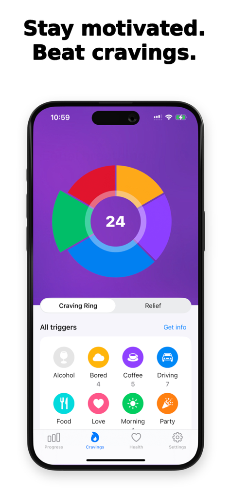 Quit Snus - A mobile interface of the Quit Snus app showing a colorful craving ring and common nicotine triggers like coffee and boredom