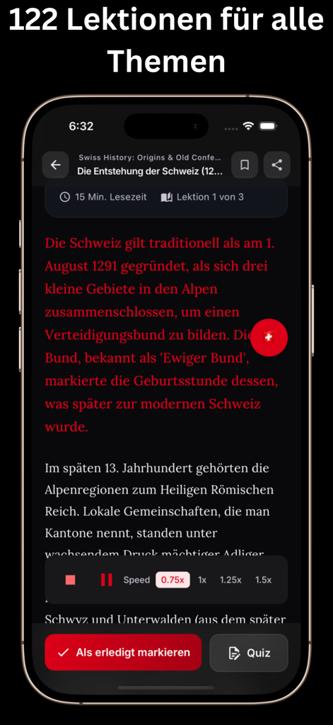 Einbürgerung Schweiz Test 2026 - Una lección de historia sobre los orígenes de Suiza dentro de la aplicación del examen de ciudadanía