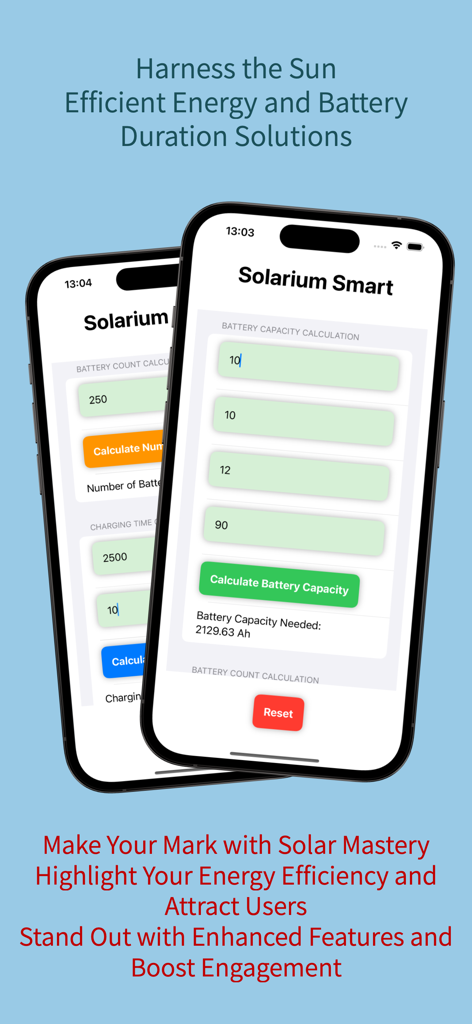 Interface do aplicativo móvel Solarium Smart em dois iPhones exibindo cálculos de energia solar e capacidade de bateria