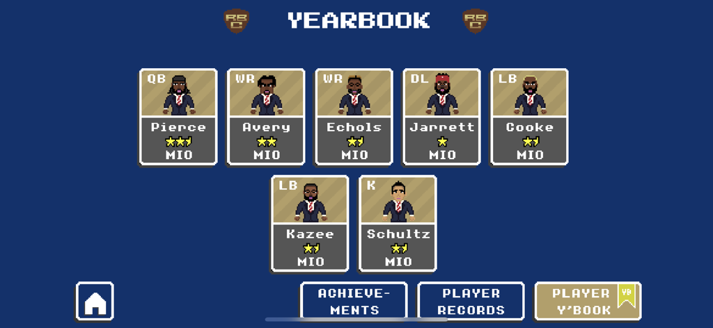 Retro Bowl College yearbook screen showing pixel art football player profiles with positions and names.