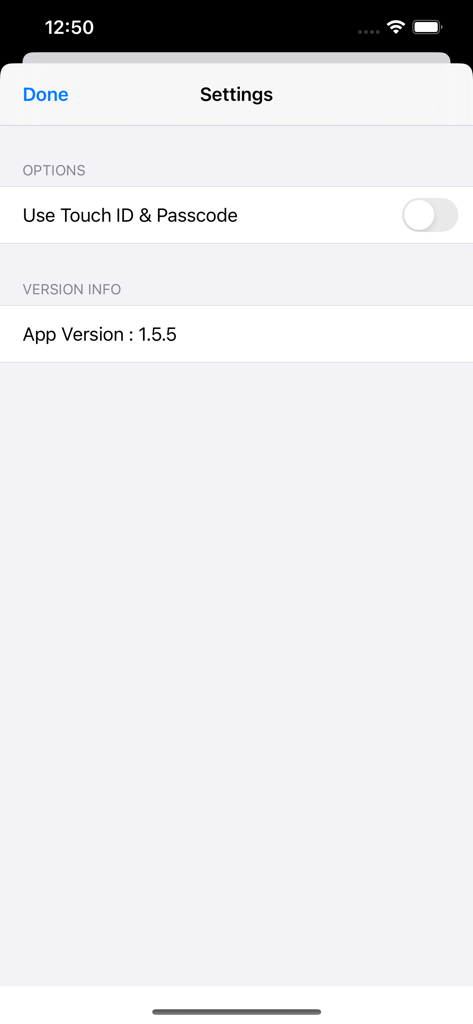 Case Notebook E-Transcript - Pantalla de configuración de la aplicación Case Notebook E-Transcript que muestra opciones de seguridad para Touch ID y código de acceso.