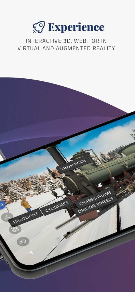 EON-XR App-Oberfläche, die ein interaktives 3D-Modell einer Dampfmaschine mit beschrifteten Teilen für das Training anzeigt