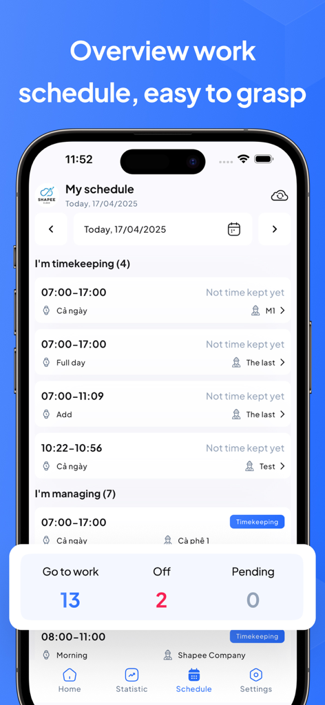 Timesheet & Payroll: EzWork - 일일 작업 일정 및 직원 출퇴근 기록 요약을 보여주는 EzWork 앱 인터페이스
