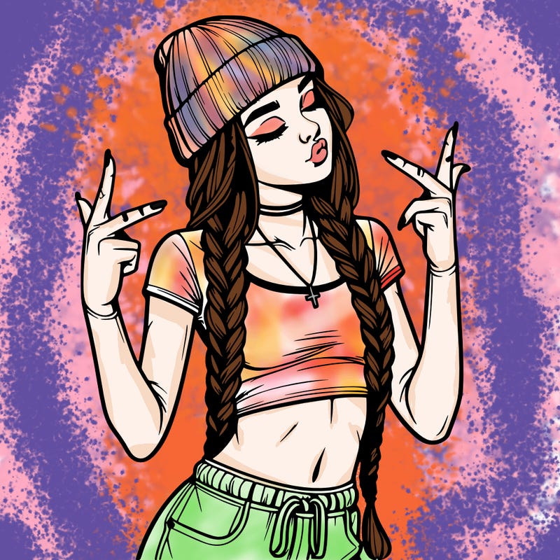 realistic teenage girl with braids and a beanie and crop top doing 🫶🏼