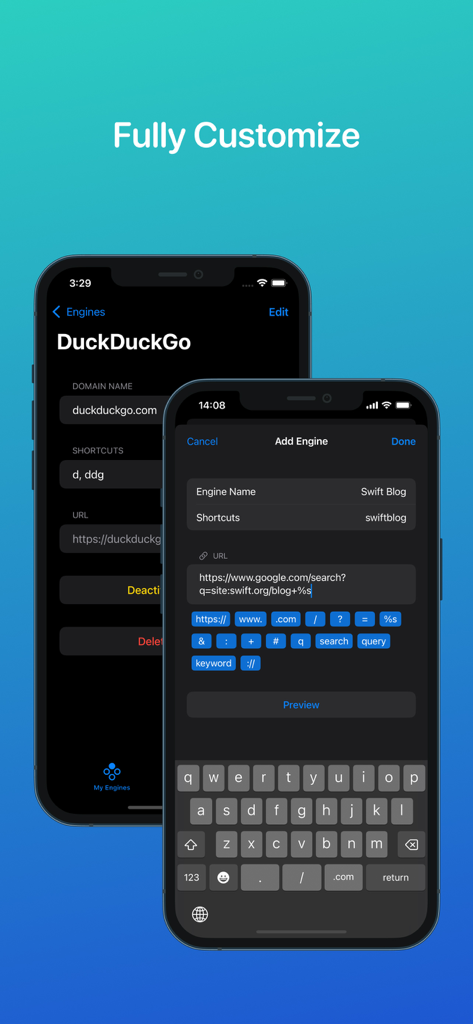 Mobile app interface for customizing search engines and shortcuts in xSearch for Safari