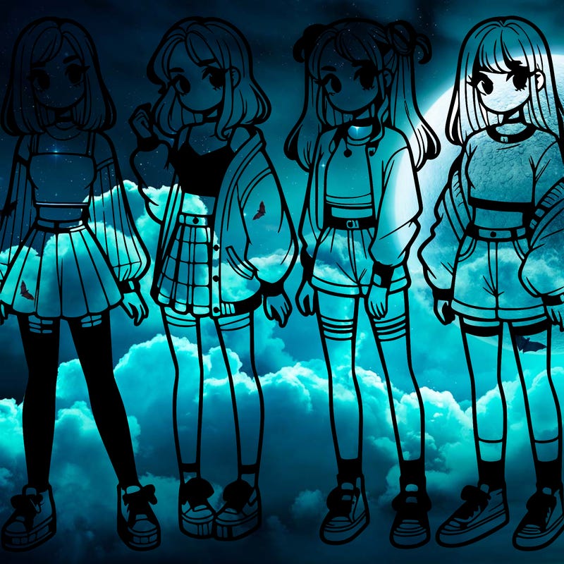 one girl with crop-top shirt and a jacket with a skirt, long socks and another girl with a shirt and pants with a jacket