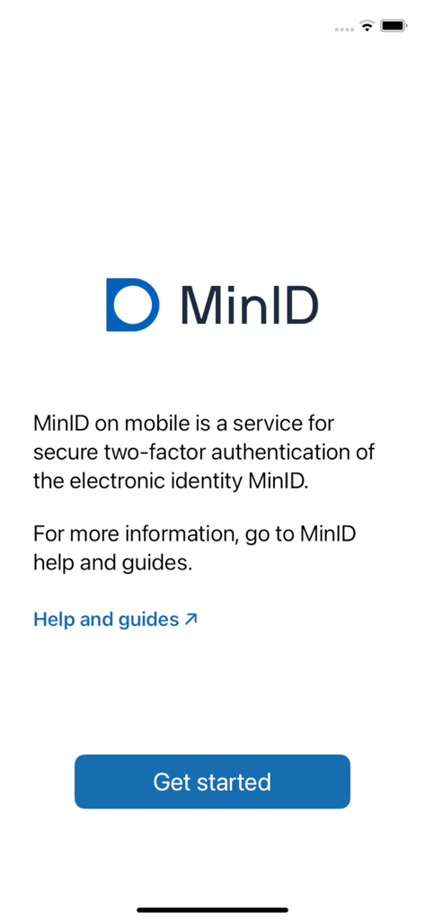 MinID App - Pantalla de bienvenida de la aplicación MinID que describe su servicio de autenticación de dos factores con un botón de empezar