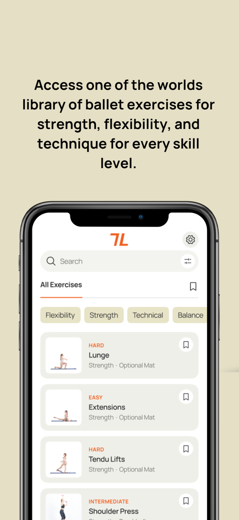 A mobile interface of the TrainLikeBallerina app displaying a curated library of ballet exercises categorized by strength flexibility and technical skills
