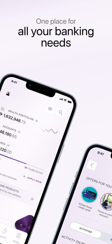 Emirates Islamic EI plus mobile banking app interface showing wealth portfolio and credit card offers on two smartphones
