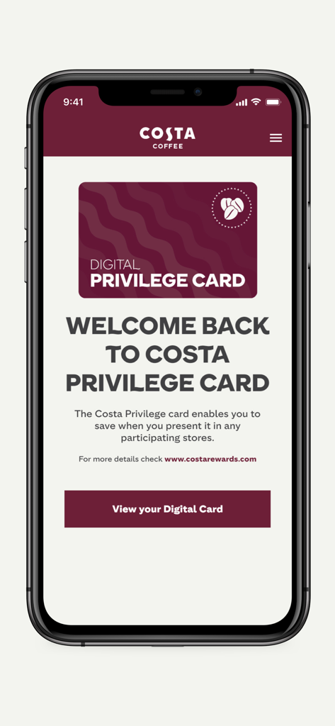 Costa Privilege Card - Welcome page of the Costa Privilege Card mobile app with a button to view the digital employee discount card