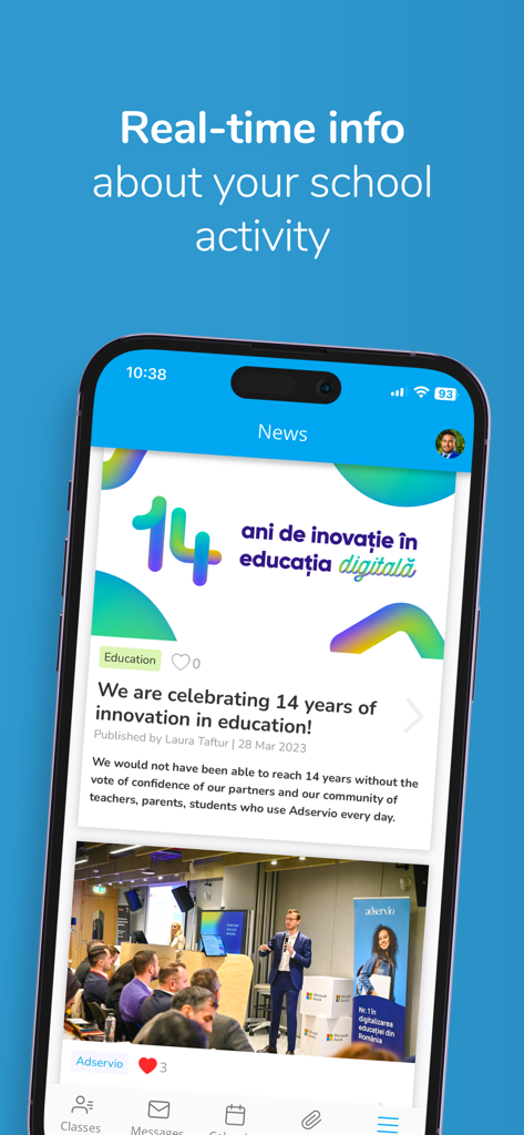 Adservio - Adservio mobile app interface showing the school news feed and activity updates