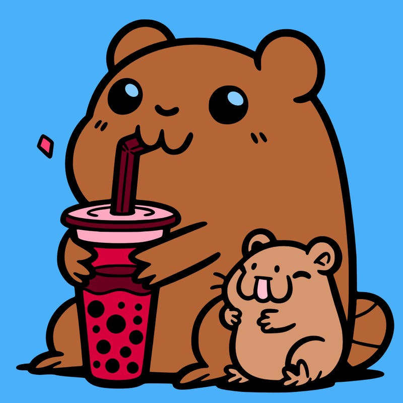 cute frog drinking boba with a capybara
