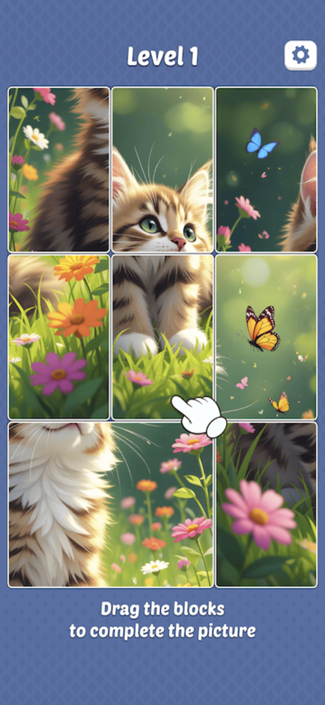 A kitten jigsaw puzzle gameplay screen showing a 3x3 block grid to solve