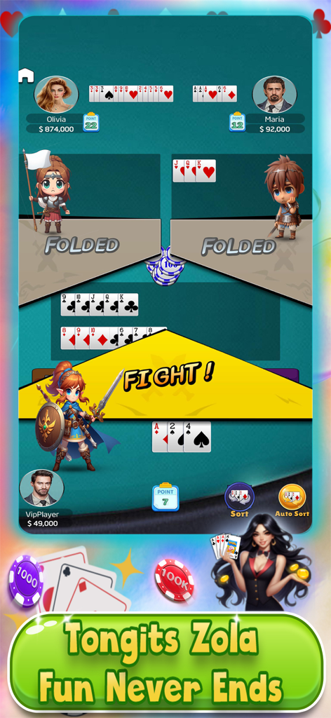 Tongits Offline Zola - Gameplay interface of Tongits Offline Zola card game showing card hands avatars and a fight banner