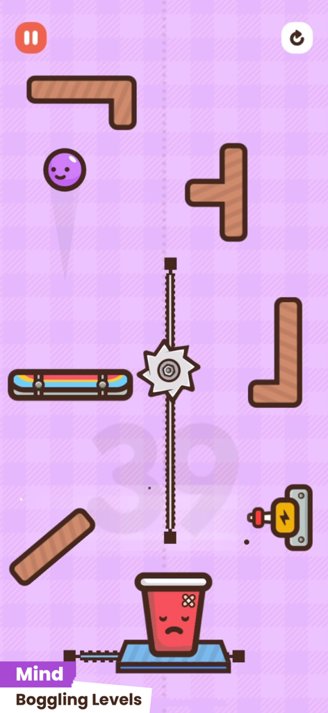 Frantic Fall - A purple orb navigates through wooden platforms and a rotating saw blade towards a red cup in Frantic Fall