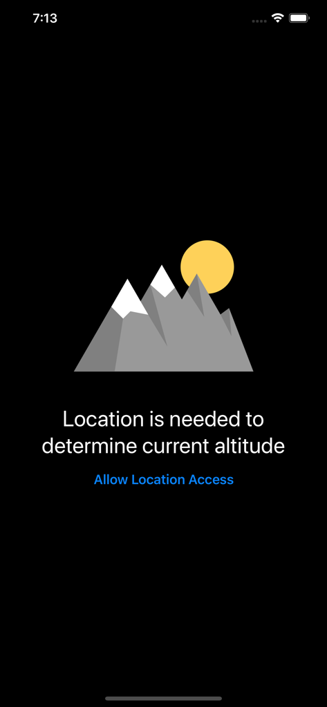 Altimeter ∞ Current Altitude - Permission request screen in Altimeter app with mountain illustration and Allow Location Access button