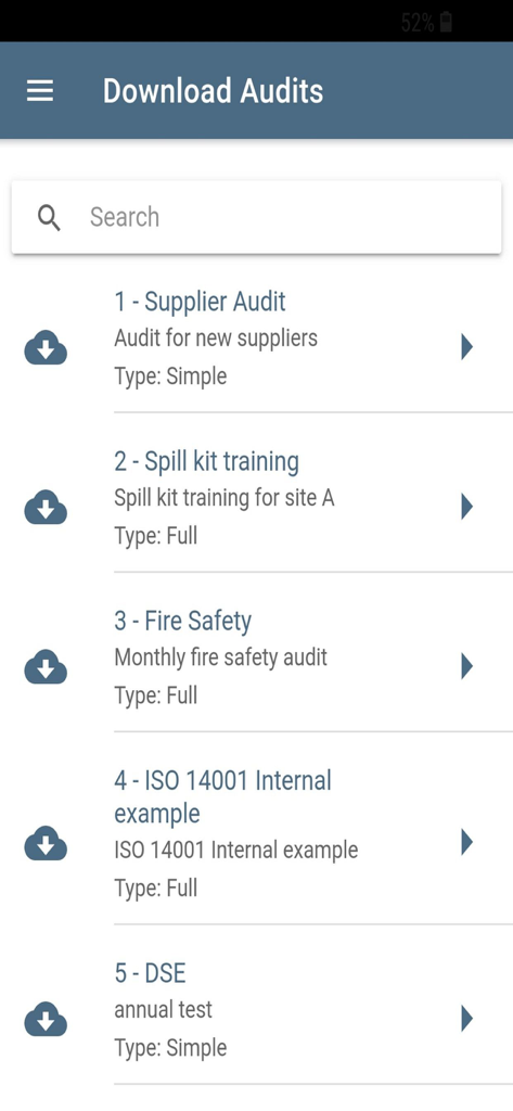 MY Audits - Mobile app screen showing a list of downloadable audits including Supplier Audit, Spill kit training, and Fire Safety.