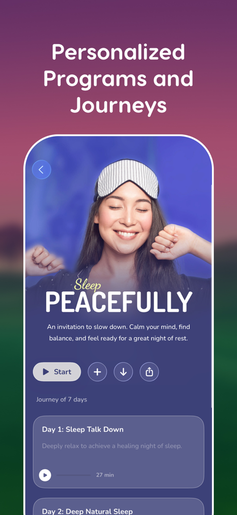 Zen app screen showing a personalized 7-day sleep meditation program with a woman wearing a sleep mask
