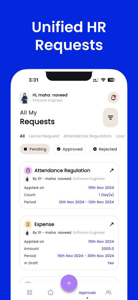PayPeople Cloud HR System - Interfaccia dell'app mobile PayPeople che visualizza un elenco unificato delle richieste HR dei dipendenti per presenze e spese