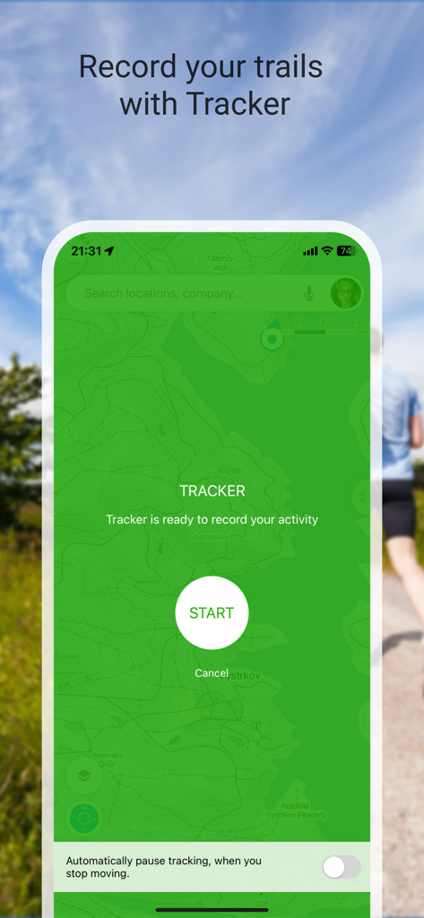 A smartphone screen displaying the Mapy.com tracker feature with a start button over a green topographic map