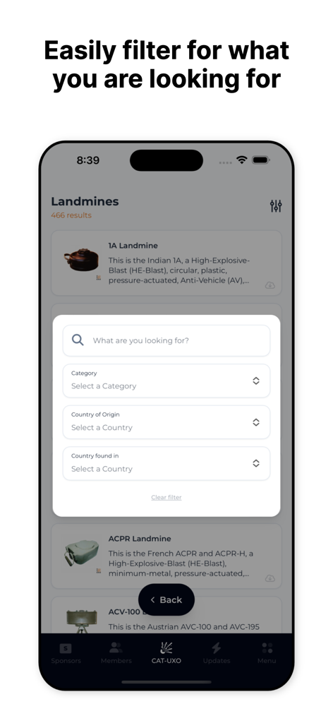 CAT-UXO - Interface of the CAT-UXO app showing advanced search filters for landmines by category and country of origin.