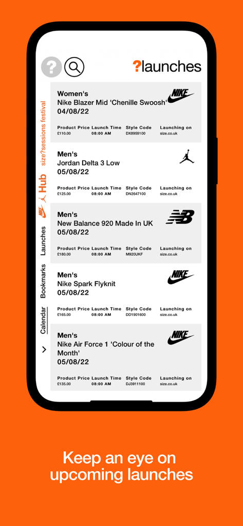 Size Launches 모바일 앱에 예정된 Nike Jordan 및 New Balance 스니커즈 드롭 목록이 표시됩니다.
