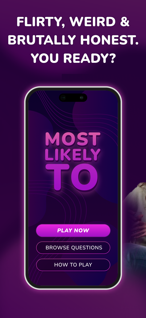 Pantalla de inicio de la aplicación del juego de fiesta Most Likely To mostrando opciones de juego para reuniones sociales