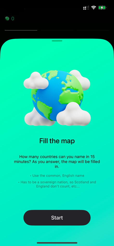 Mapfast - Guess the Country - Mapfast app screen showing the Fill the Map challenge with a 3D globe and instructions