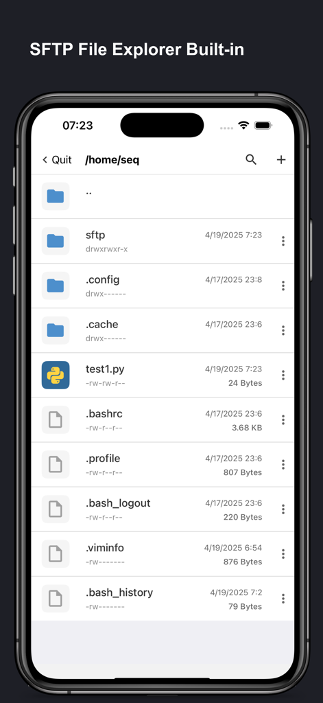 SSH Client Pro - Stats & Shell - Interface of the built-in SFTP file explorer in the SSH Client Pro app showing a server directory and files on an iPhone