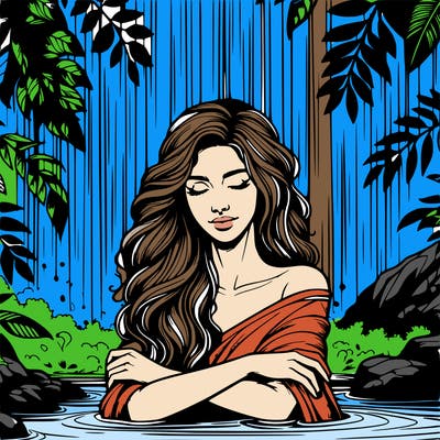 realistic female model under waterfall