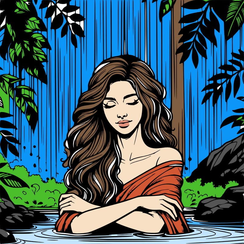 realistic female model under waterfall