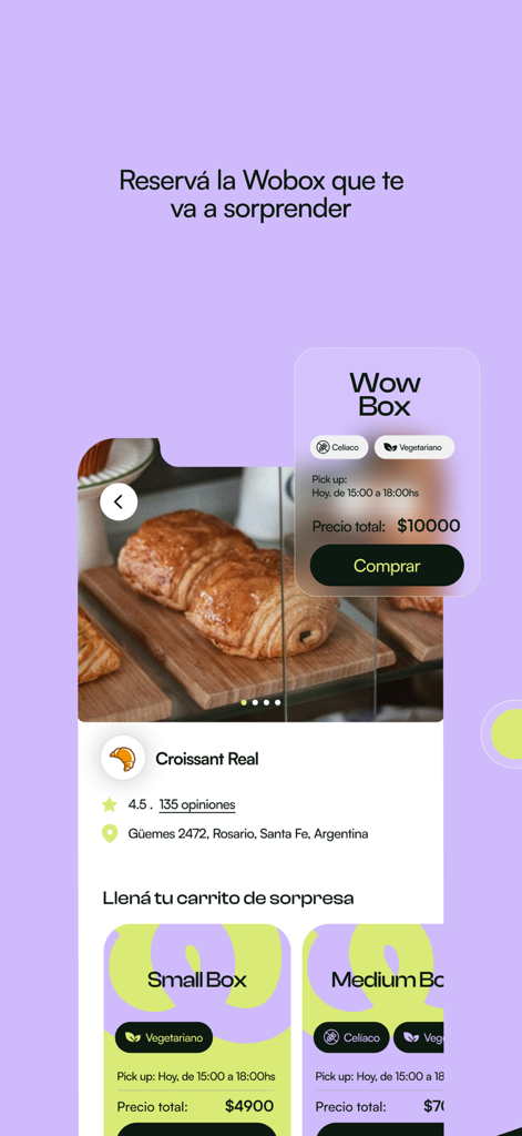 Wobox - Wobox app interface showing a surprise food box from a bakery with promotional pricing to reduce food waste