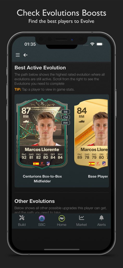 FC 26 FUTWIZ app interface showing player evolution statistics and comparison for Marcos Llorente