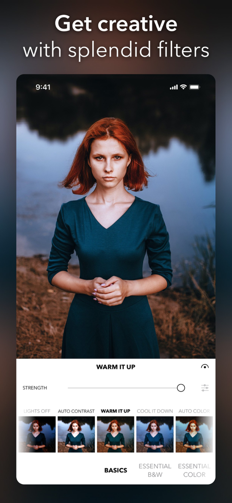 PicTapGo app interface showing a portrait photo being edited with creative filters and a warm tone slider.