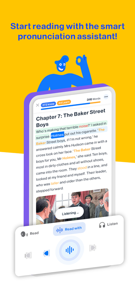 Learn English Easily - iStoria - Interfaz de la aplicación iStoria que muestra un pasaje de lectura con la función de asistente de pronunciación inteligente.