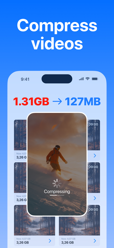 iCleaner Kit - Free Up Storage - Screenshot dell'app iCleaner Kit che mostra la compressione di video da 1,31 GB a 127 MB per risparmiare spazio di archiviazione