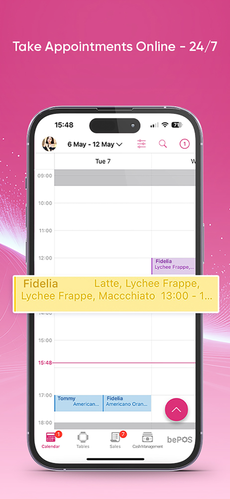 bePOS - Super Point of Sale - A smartphone displaying the bePOS app interface for 24/7 online appointment scheduling and calendar management